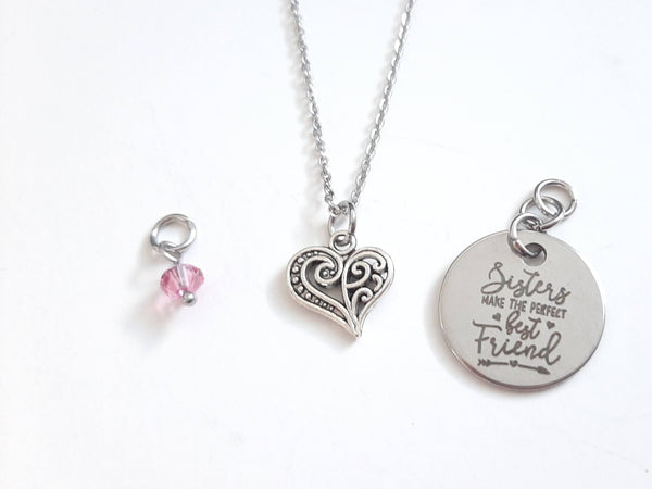 Sister Pendant Necklace "Sisters Make the Perfect Best Friend" Your Choice of Charm and Birthstone Color