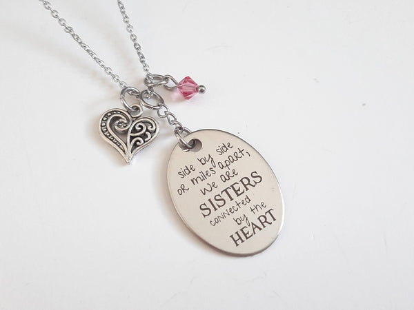 Far Away Sister Pendant Necklace "...Sisters Connected by the Heart" Your Choice of Charm and Birthstone Color