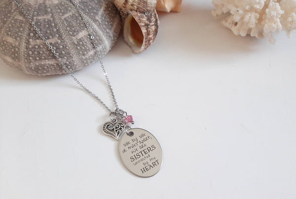 Far Away Sister Pendant Necklace "...Sisters Connected by the Heart" Your Choice of Charm and Birthstone Color