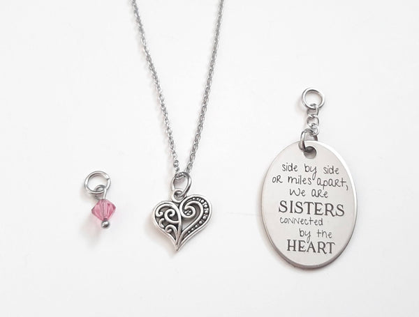 Far Away Sister Pendant Necklace "...Sisters Connected by the Heart" Your Choice of Charm and Birthstone Color