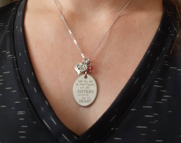 Far Away Sister Pendant Necklace "...Sisters Connected by the Heart" Your Choice of Charm and Birthstone Color