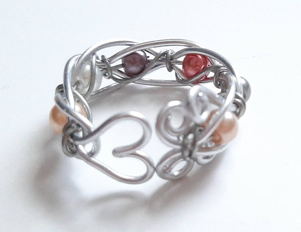 Adjustable Wire Weave Beaded Ring - Multi-Color Pearl