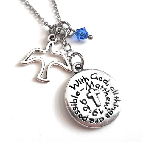 Bible Verse Christian Pendant Necklace "With God All Things Are Possible" with Your Choice of Charm and Birthstone Color