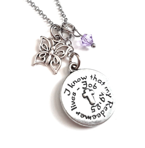 Bible Verse Christian Pendant Necklace "I Know That My Redeemer Lives" with Your Choice of Charm and Birthstone Color