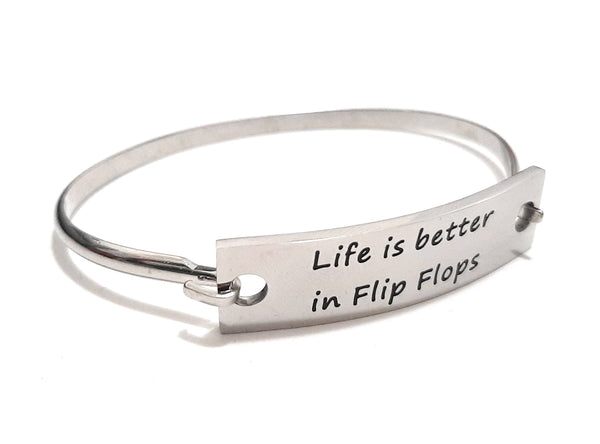 Stainless Steel Inspirational Message Connector Bangle Bracelet - Life is better in flip flops