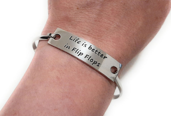Stainless Steel Inspirational Message Connector Bangle Bracelet - Life is better in flip flops