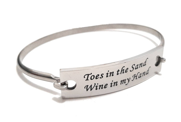 Stainless Steel Inspirational Message Connector Bangle Bracelet - Toes in the sand Wine in my hand