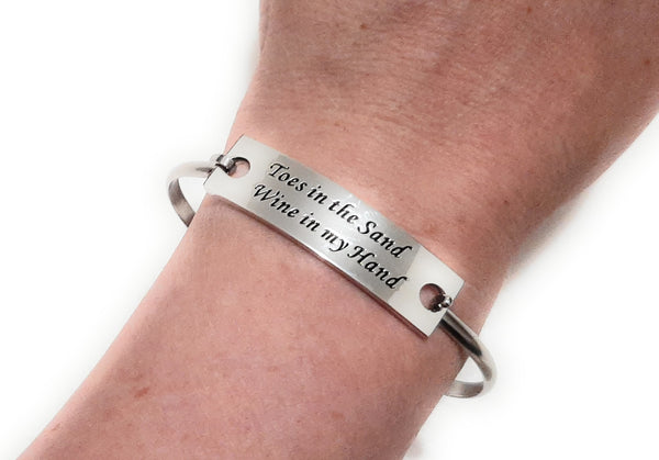 Stainless Steel Inspirational Message Connector Bangle Bracelet - Toes in the sand Wine in my hand
