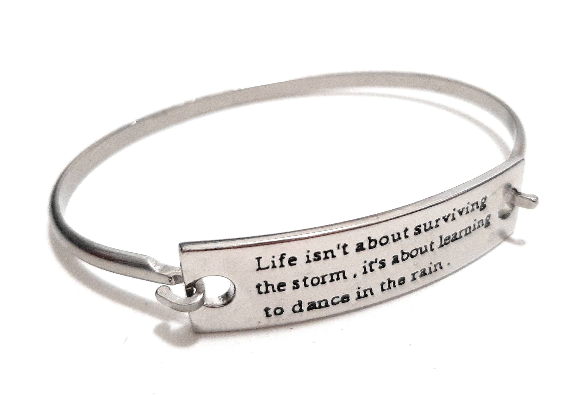 Stainless Steel Inspirational Message Connector Bangle Bracelet - Life isn't about surviving the storm...