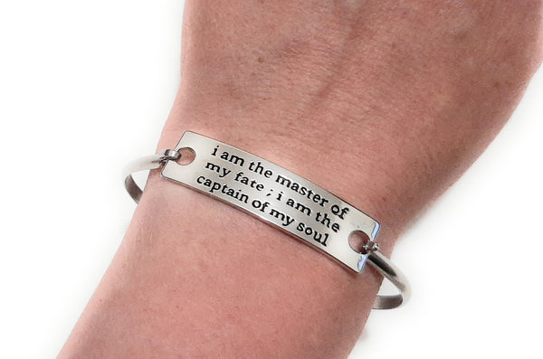 Stainless Steel Inspirational Message Connector Bangle Bracelet - i am the master of my fate...