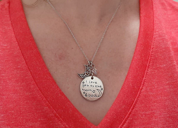 Loving Message Pendant Necklace "I Love You to the Moon & Back" Your Choice of Charm and Birthstone Color