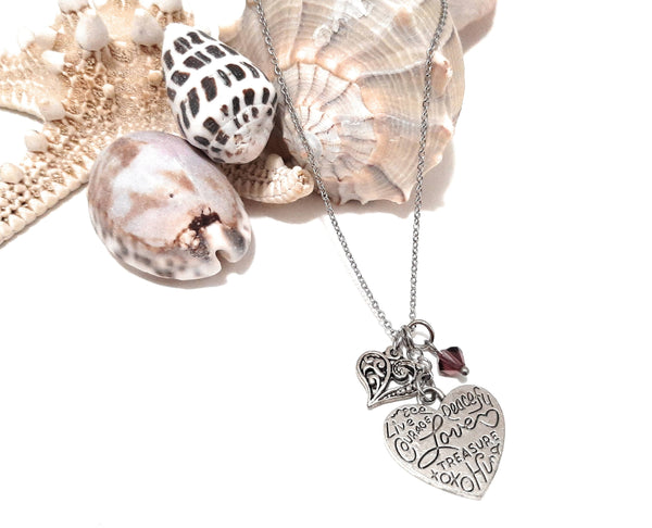 Heart Shaped Loving Word Pendant Necklace "Courage Peaceful Love Treasure..." Your Choice of Charm and Birthstone Color
