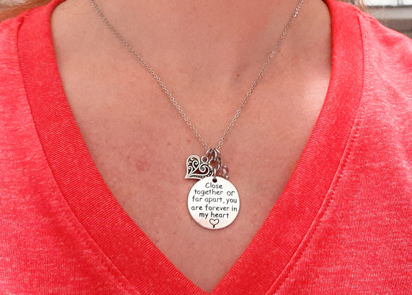 Loving Message Pendant Necklace "Close Together or Far Apart..." Your Choice of Charm and Birthstone Color