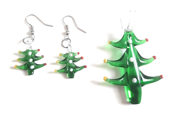 Lampwork Glass Christmas Tree Pendant & Earrings Set CH02S