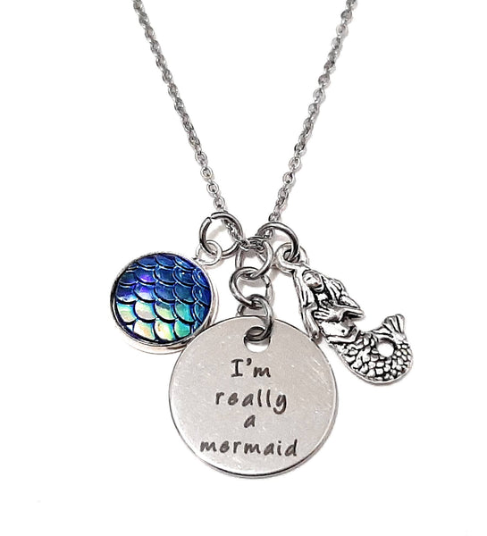 Message Pendant Necklace "I'm really a Mermaid" Your Choice of Charm and Birthstone Color