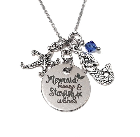 Message Pendant Necklace "Mermaid Kisses Starfish Wishes" Your Choice of Charm and Birthstone Color
