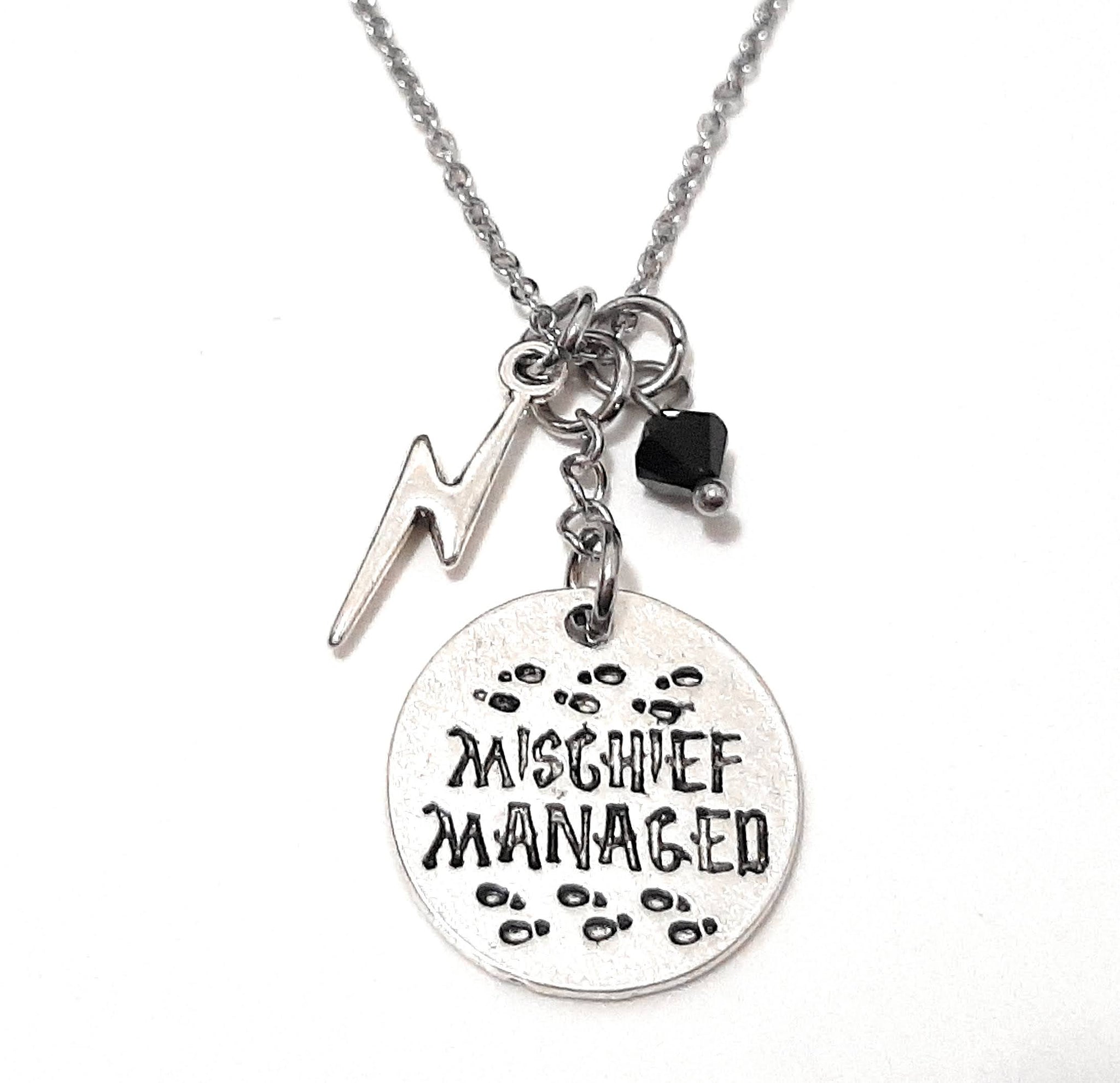 Message Pendant Necklace "Mischief Managed" Your Choice of Charm and Birthstone Color