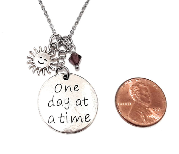 Message Pendant Necklace "One day at a time" Your Choice of Charm and Birthstone Color