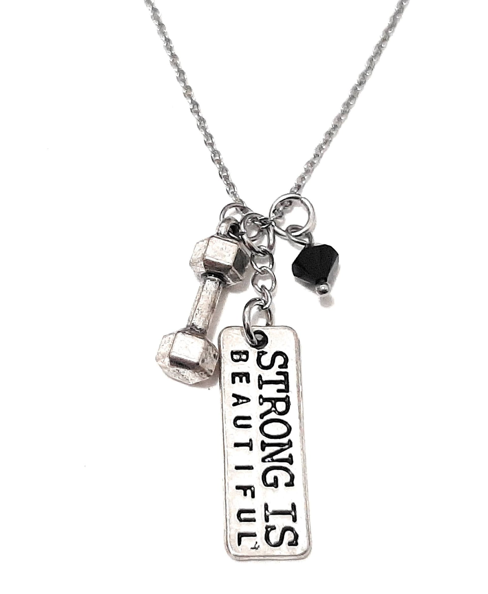 Message Pendant Necklace "Strong is Beautiful" Your Choice of Charm and Birthstone Color