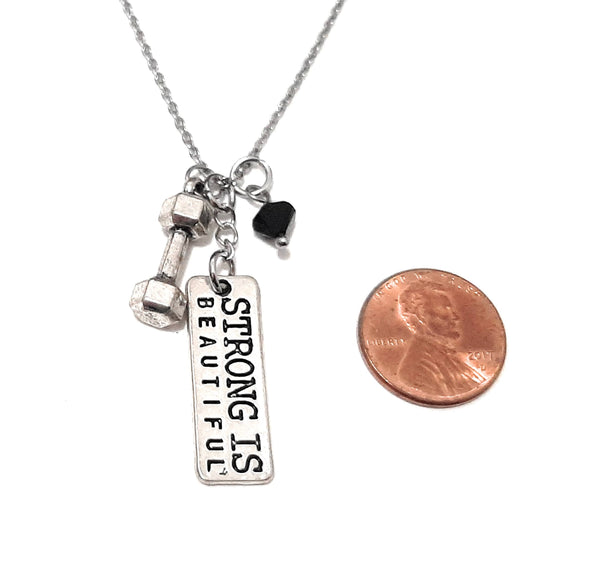 Message Pendant Necklace "Strong is Beautiful" Your Choice of Charm and Birthstone Color
