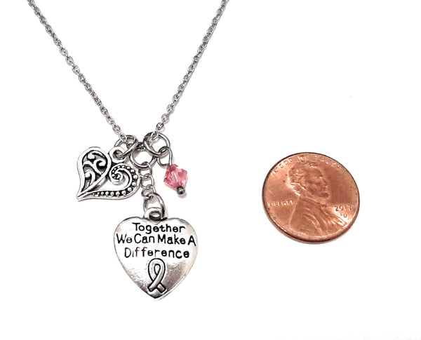Message Pendant Necklace "Together we can make a difference" Your Choice of Charm and Birthstone Color