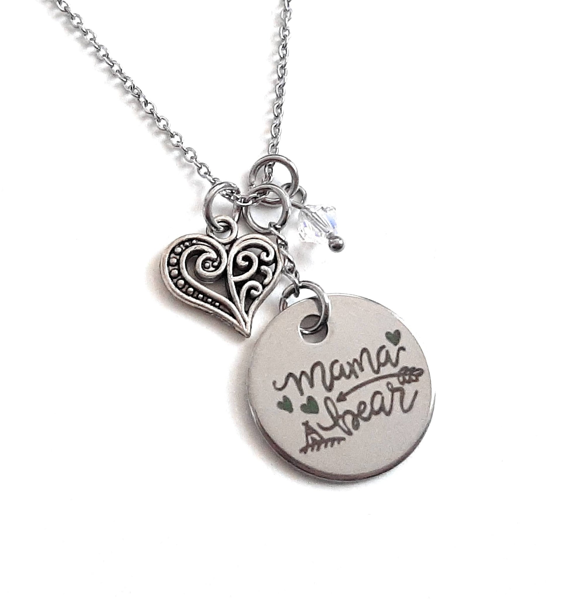 Mother Message Pendant Necklace "Mama Bear" Your Choice of Charm and Birthstone Color