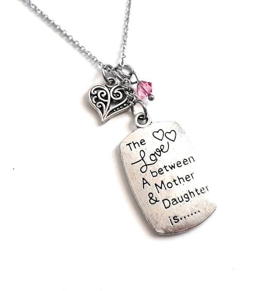 Mother/Daughter Message Pendant Necklace "The love between a mother & daughter is..." Your Choice of Charm and Birthstone Color
