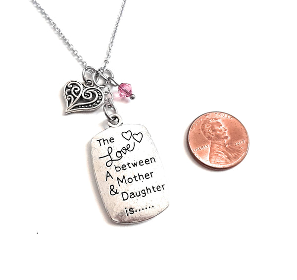 Mother/Daughter Message Pendant Necklace "The love between a mother & daughter is..." Your Choice of Charm and Birthstone Color