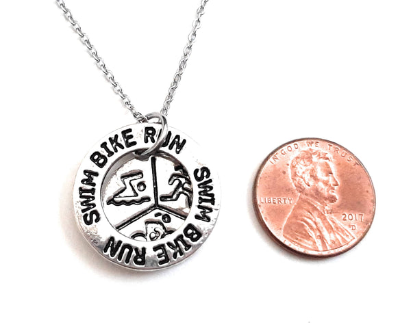 Triathlon Message Pendant Necklace "Swim Bike Run" Your Choice of Charm and Birthstone Color