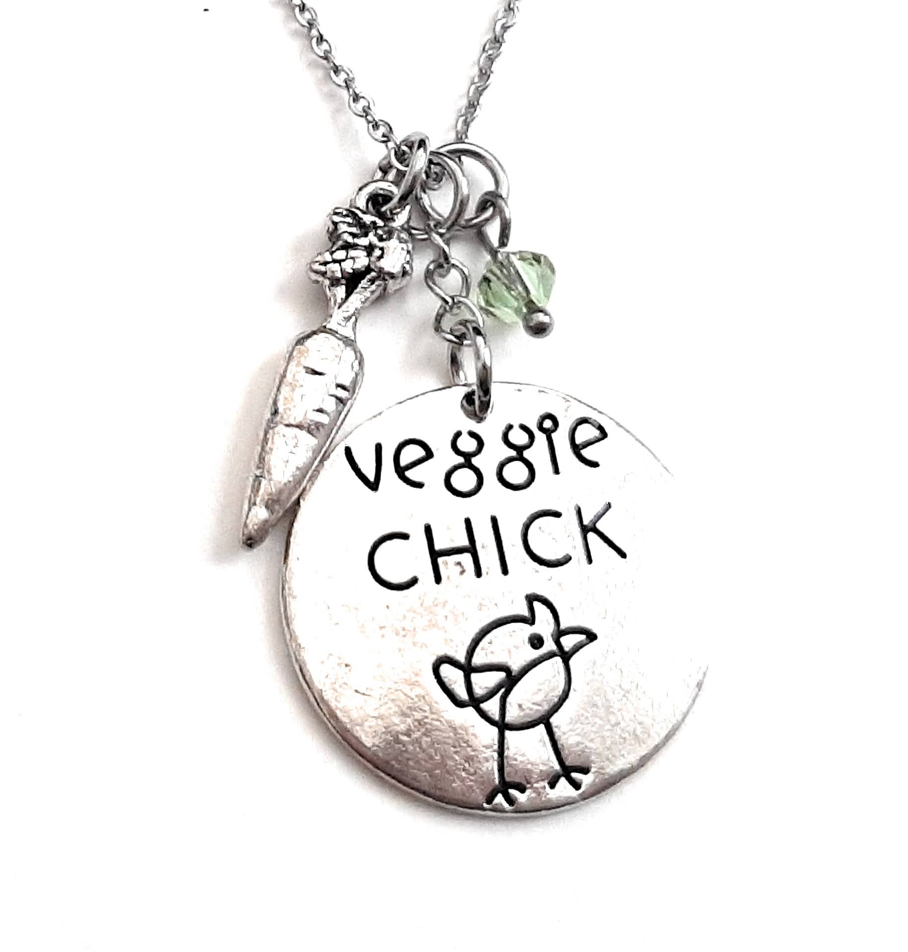 Message Pendant Necklace "Veggie Chick" Your Choice of Charm and Birthstone Color