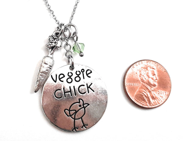 Message Pendant Necklace "Veggie Chick" Your Choice of Charm and Birthstone Color