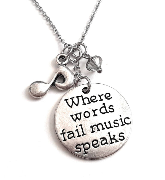 Message Pendant Necklace "Where Words Fail, Music Speaks" Your Choice of Charm and Birthstone Color