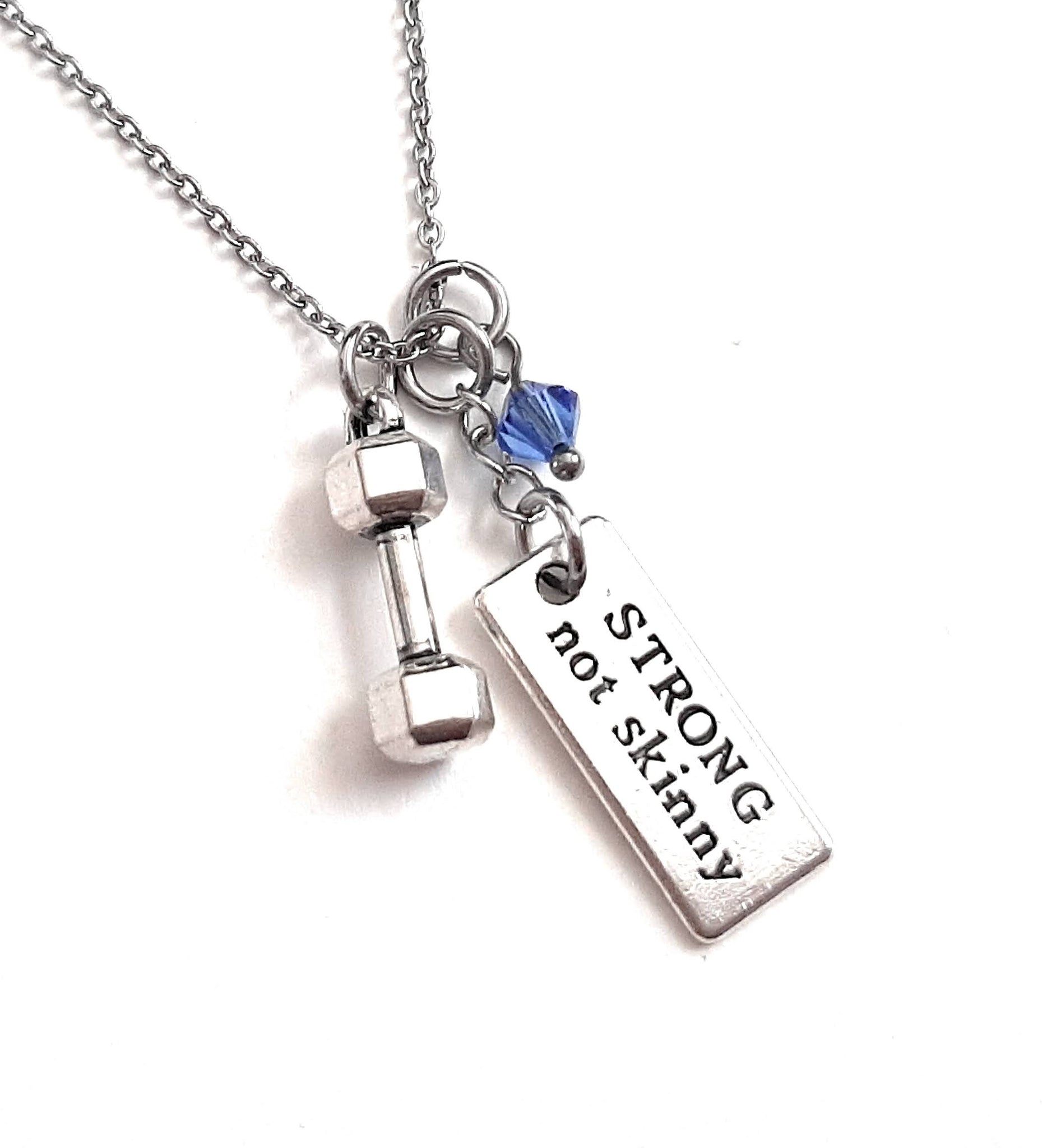 Message Pendant Necklace "Strong not Skinny" Your Choice of Charm and Birthstone Color