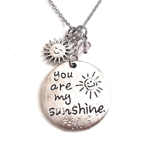 Message Pendant Necklace "You are My Sunshine" Your Choice of Charm and Birthstone Color