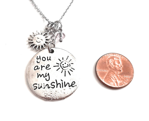 Message Pendant Necklace "You are My Sunshine" Your Choice of Charm and Birthstone Color