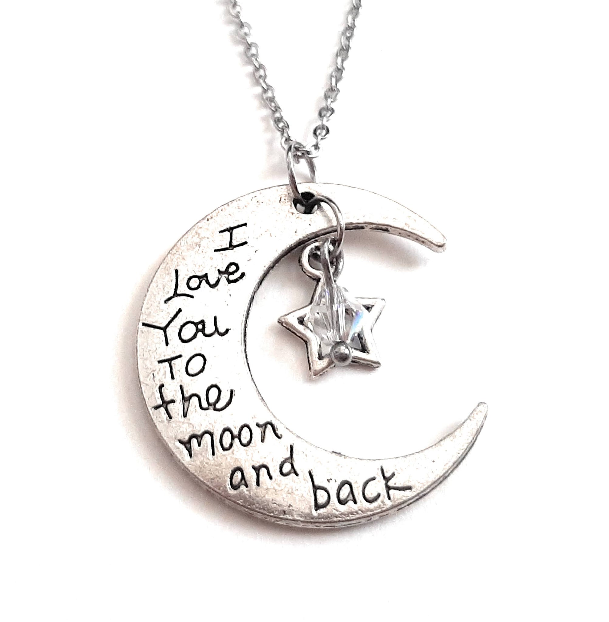 Message Pendant Necklace "I Love You to the Moon & Back" Moon shape Your Choice of Charm and Birthstone Color