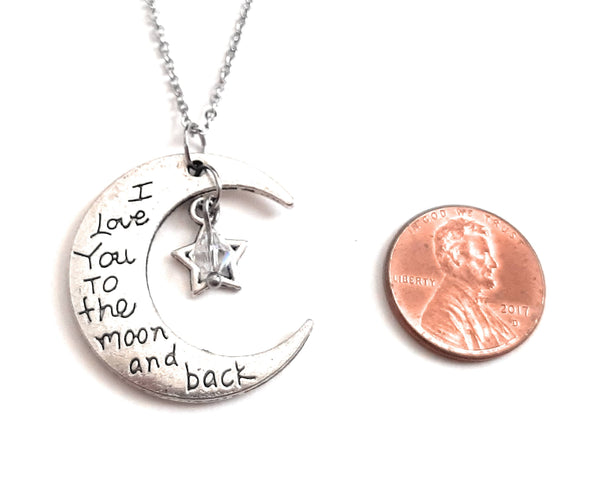 Message Pendant Necklace "I Love You to the Moon & Back" Moon shape Your Choice of Charm and Birthstone Color