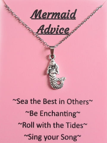 Mermaid Charm Pendant Necklace with Animal Advice Card (What advice would a Mermaid give?)