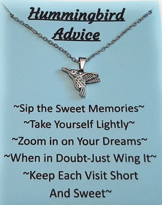 Hummingbird Charm Pendant Necklace with Animal Advice Card (What advice would a Hummingbird give?)