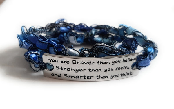 Inspirational Message Crocheted Ladder Yarn Wrap Around Bracelet - You are Braver than you believe...