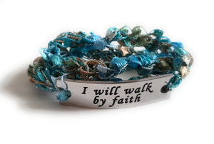 Inspirational Message Crocheted Ladder Yarn Wrap Around Bracelet - I will walk by faith