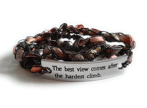 Inspirational Message Crocheted Ladder Yarn Wrap Around Bracelet - The best view comes after the hardest climb.