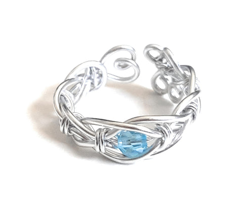 Adjustable Wire Wrapped Birthstone Ring - March Aquamarine