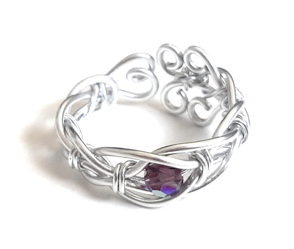 Adjustable Wire Wrapped Birthstone Ring - February Amethyst