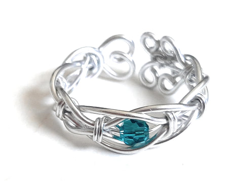 Adjustable Wire Wrapped Birthstone Ring - December Blue Zircon
