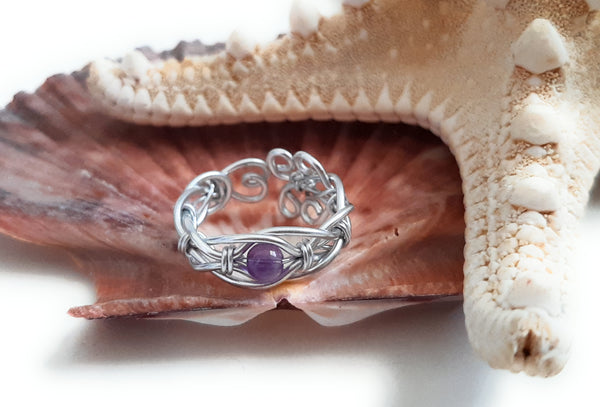 Adjustable Wire Wrapped Gemstone Crystal Ring - Amethyst