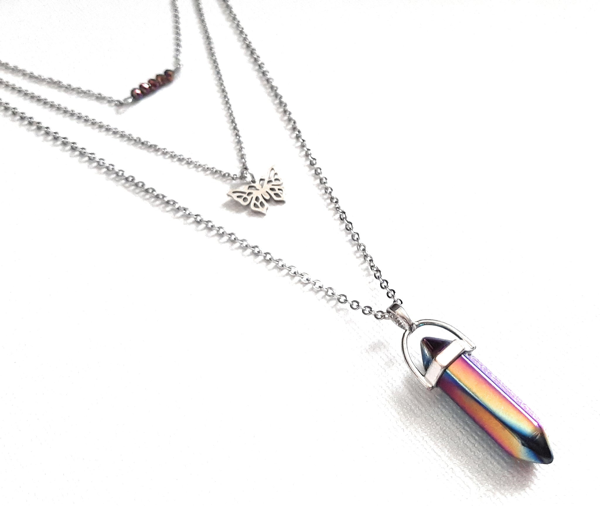 Gemstone Crystal & Charm Layered Necklace Set - Rainbow Coated Quartz