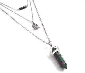 Gemstone Crystal & Charm Layered Necklace Set - Ruby in Zoisite