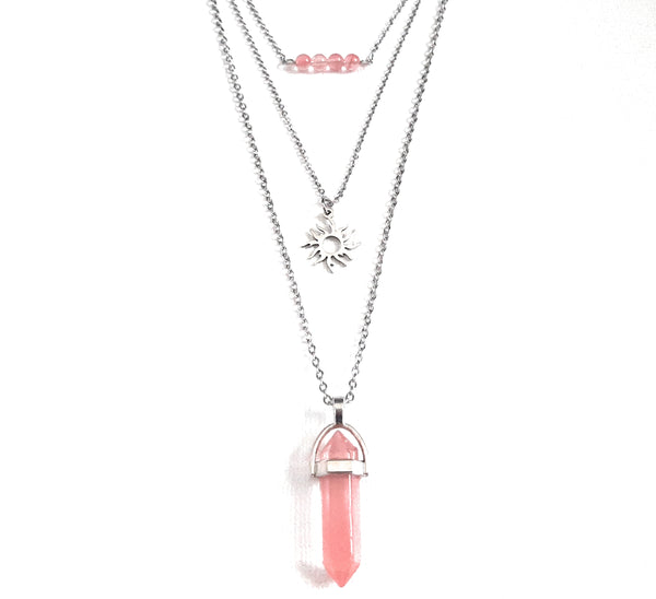 Gemstone Crystal & Charm Layered Necklace Set - Cherry Quartz