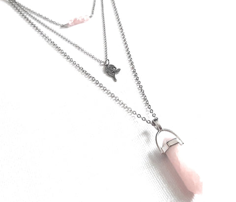 Gemstone & Charm Layered Necklace Set - Rose Quartz